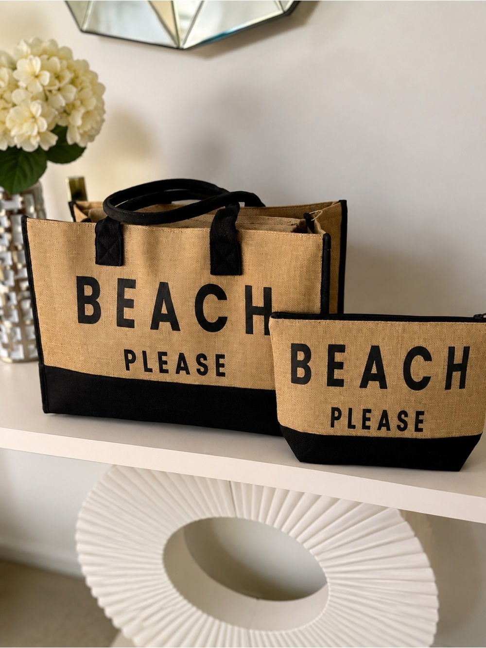 BEACH PLEASE Jute Tote and Pouch Set - Black and Natural